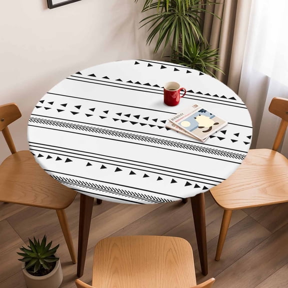Bohemian Ethnic Triangle Plaid Stripes Round Fitted Tablecloth with Elastic Edge,Waterproof Table Cloth Fits Tables Up to 45"-54",Wipeable Washable Table Cover for Indoor Outdoor,Black Arrow Lines