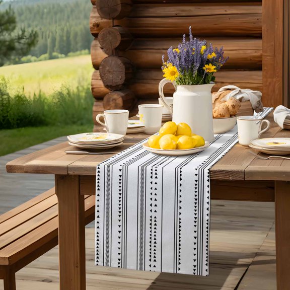 Bohemian Ethnic Triangle Plaid Stripes Table Runner 13x90in Non-Slip Cotton Linen Table Runners, Black Arrow Lines Dresser Scarves TableRunner for Dinner Kitchen Dining Wedding Party