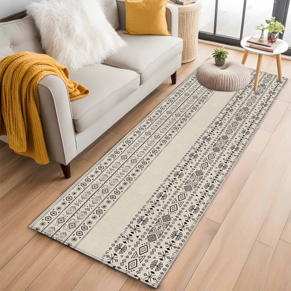 Bohemian Ethnic Washable Runner Rugs 2'x6', Brown Black Lines Linen Texture Low Pile Throw Entryway Rug Non-Slip Sturdy Edge Binding Carpet for Indoor Bedside Entrance Bedside