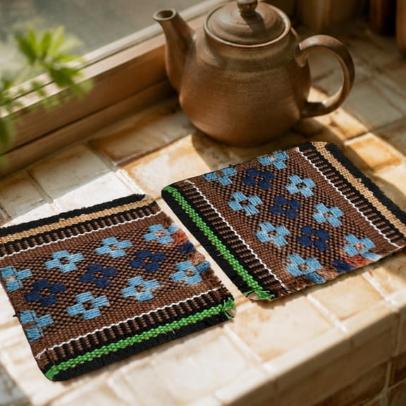Bohemian Ethnic Woven Cup Mats Set Fabric Mix Heat Proof Absorbent Table Pads Vintage Boho Table Decor For Coffee Tea 11x11cm