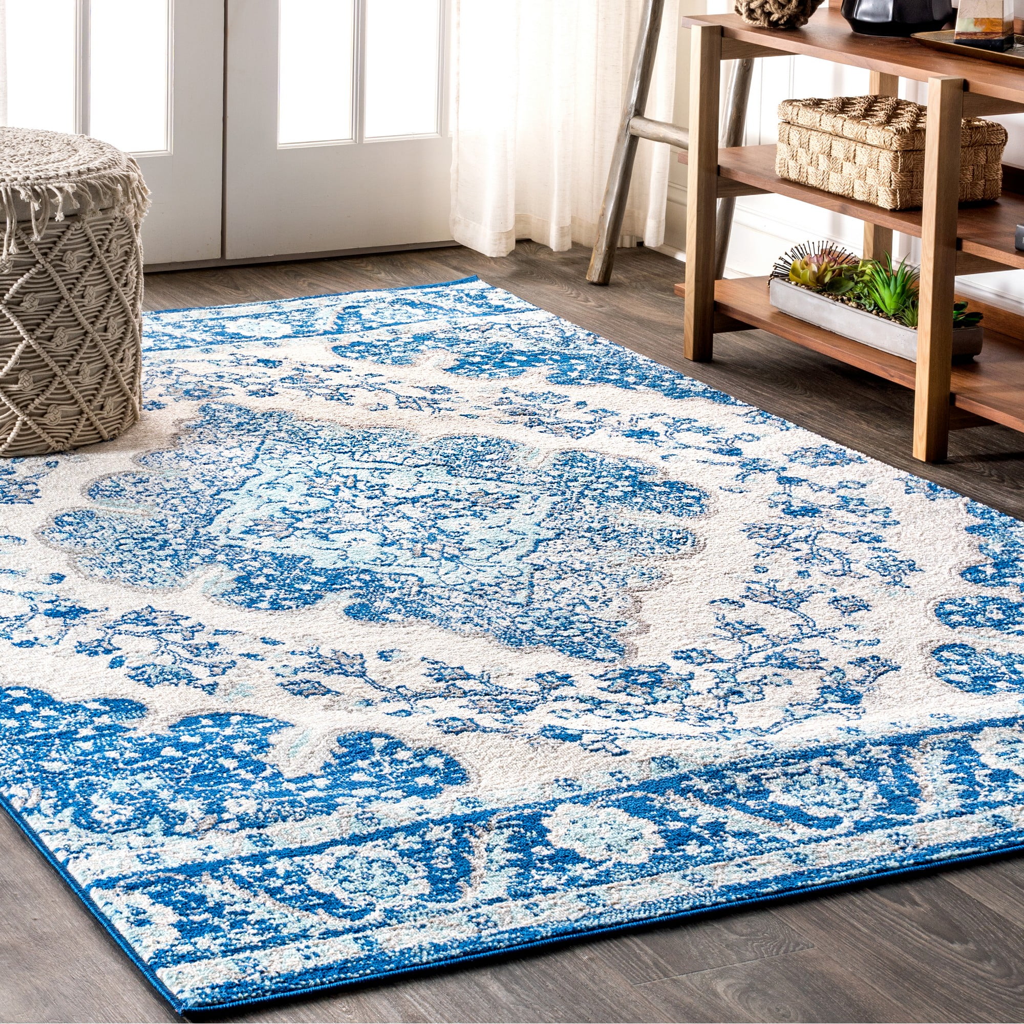 Cream and Blue Medallion 8' x 10' Synthetic Area Rug