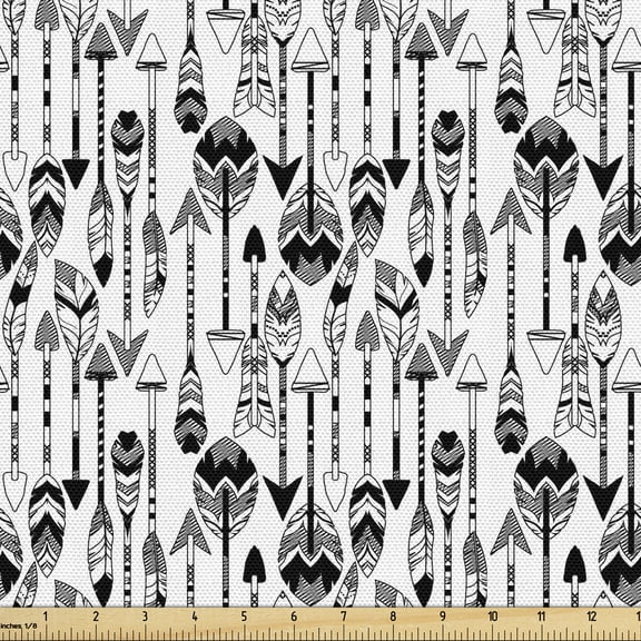 Bohemian Fabric by the Yard, Boho Folk Art Style Repetitive Tribal Ethnic Feather Ornamental Straight Sticks, Upholstery Fabric for Dining Chairs Home Decor Accents, Black White by Ambesonne