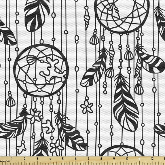 Ambesonne Bohemian Fabric by the Yard Upholstery, Hand Drawn Dream Catchers, 10 Yards, Charcoal Grey and White