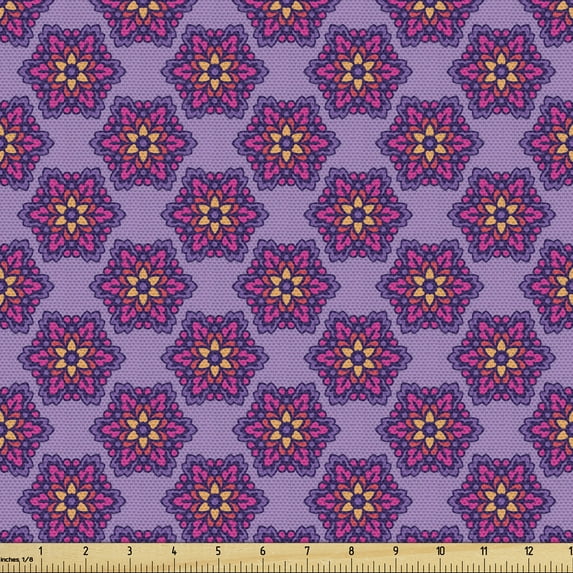 Bohemian Fabric by the Yard Upholstery, Abstract Ethnic Design Pattern of Detail Flower Blossoms Print, Decorative Fabric for DIY and Home Accents, Lavender Pink and Pale Orange by Ambesonne