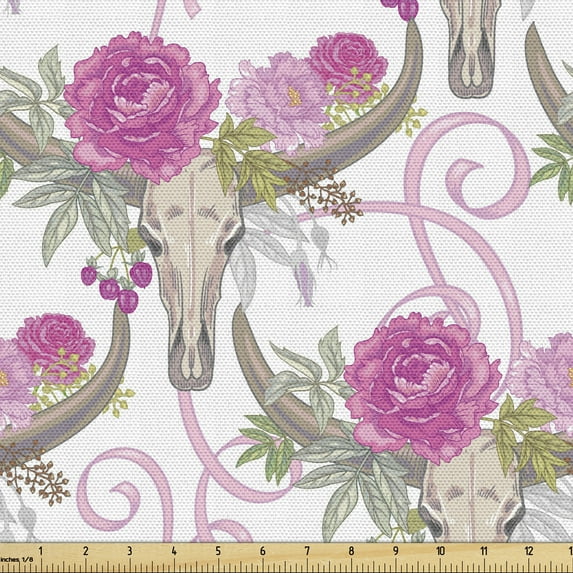 Bohemian Fabric by the Yard Upholstery, Buffalo Skull of Peony and Roses Berries Ribbons Celebration Spring, Decorative Fabric for DIY and Home Accents, Magenta and Sage Green by Ambesonne