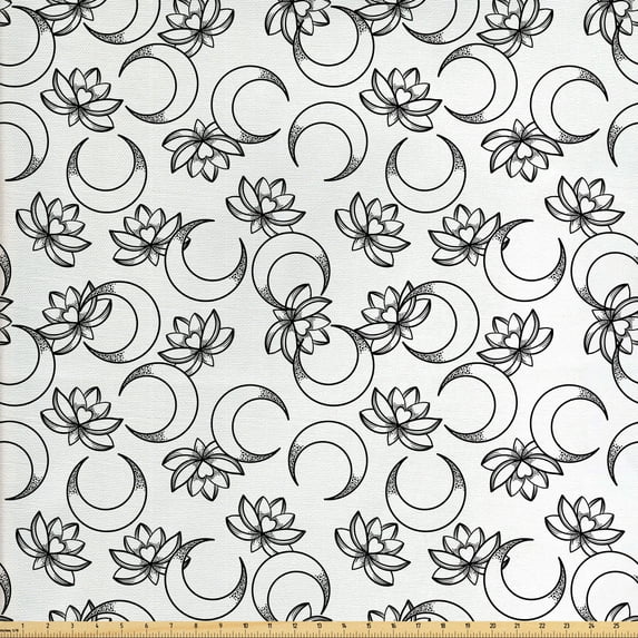 Bohemian Fabric by the Yard Upholstery, Ethnic Inspired Art of Crescent Moons and Lotus Flowers with Hearts, Decorative Fabric for DIY and Home Accents, Charcoal Grey and White by Ambesonne
