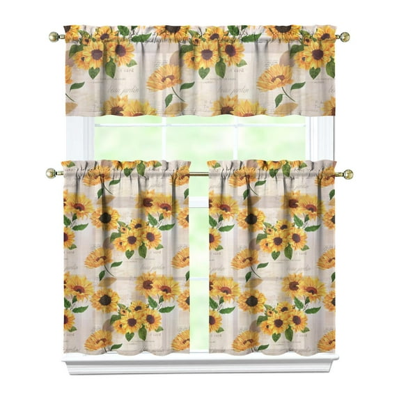 Bohemian Farmhouse Curtains 36 Inch Short - 3 Panel Vintage Floral Set with Wildflowers & Sunshine, Rod Pocket Window Treatment