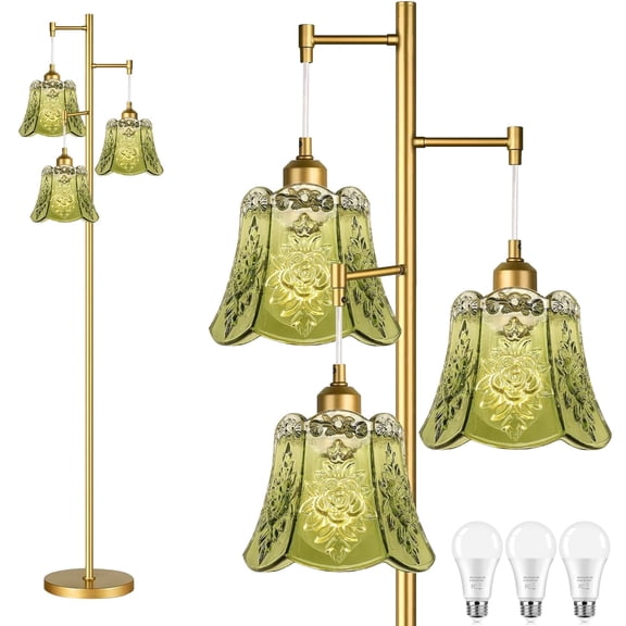 Bohemian Farmhouse Gold Tree Floor Lamp, 3-Light Brass Standing Lamp with Green Glass Shades - Mid-Century Modern Design for Living Room & Bedroom - Vintage Style Tree Lamp