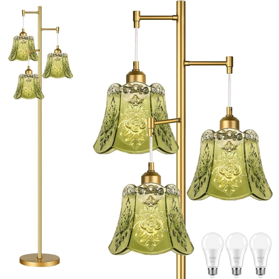 Bohemian Farmhouse Gold Tree Floor Lamp, 3-Light Brass Standing Lamp with Green Glass Shades - Mid-Century Modern Design for Living Room & Bedroom - Vintage Style Tree Lamp