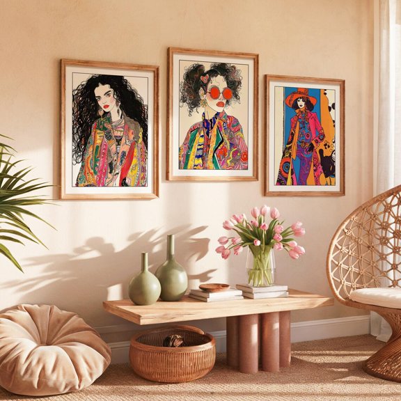 Bohemian Fashion Art Prints Retro 70s Psychedelic Wall Decor Set 3 Unframed Paper Print 16x24