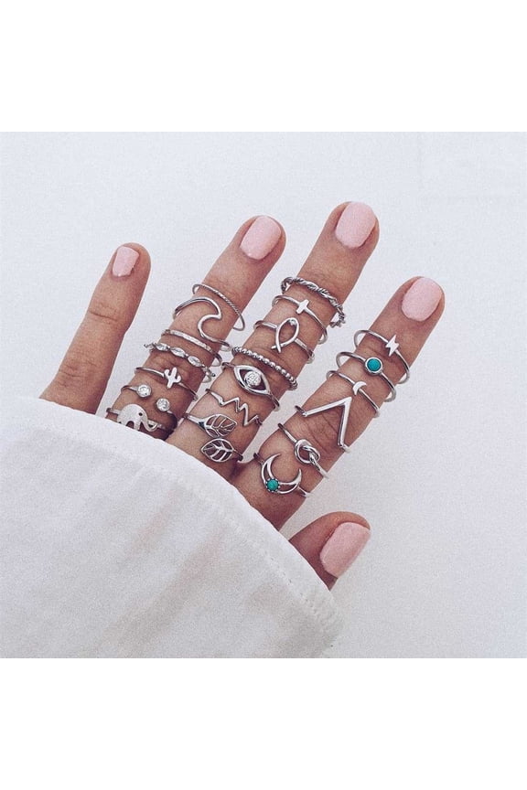 Bohemian Fashion Diamond Turquoise Elephant Leaf Moon 20-piece Set Ring Joint