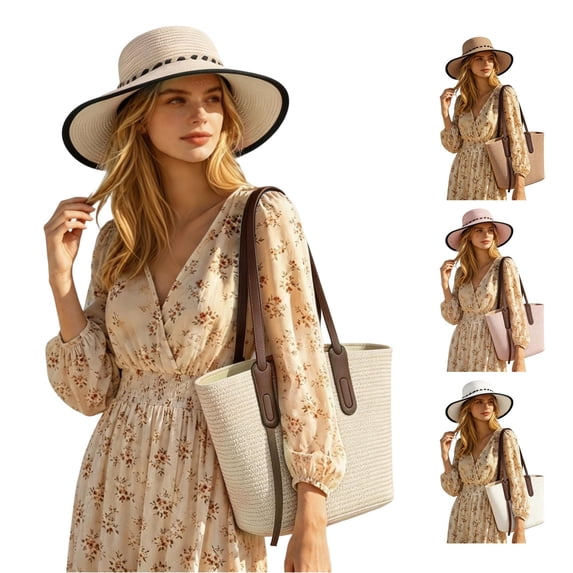 Bohemian Festival Wide Brim Sun Hat with Adjustable Tie for Beach Hat for Women with Ponytail Hole One Size