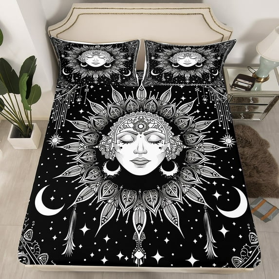 Bohemian Fitted Sheet Sun and Moon Sheets,Black and White Queen Bed Sheets,Exotic Mandala Floral Bedding Set,Boho Bedroom Decor,(No Top Sheet)