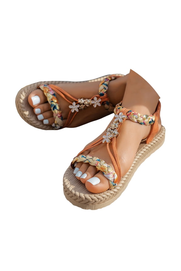 Bohemian Flat Sandals for Women 2025 Summer Beach Boho Casual Platform Elastic Ankle Strap Dressy Sandals