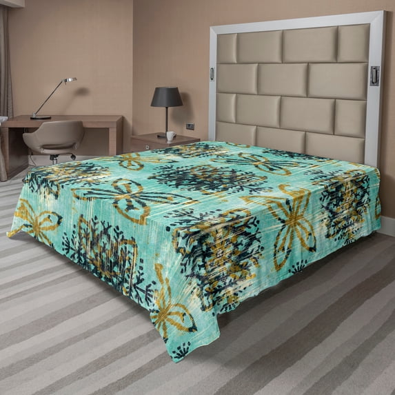 Ambesonne Bohemian Flat Bedding Sheet Soft Top Sheet, Boho Art Pattern Ethnic, Queen, Turquoise and Pale Coffee