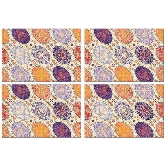 Bohemian Flax Table Placemats Set of 4, 12x18 Inch Artistic Tribal Style, Washable Rustic Vintage Decor for Ethnic Kitchen or Nordic Farmhouse Dining Room Settings