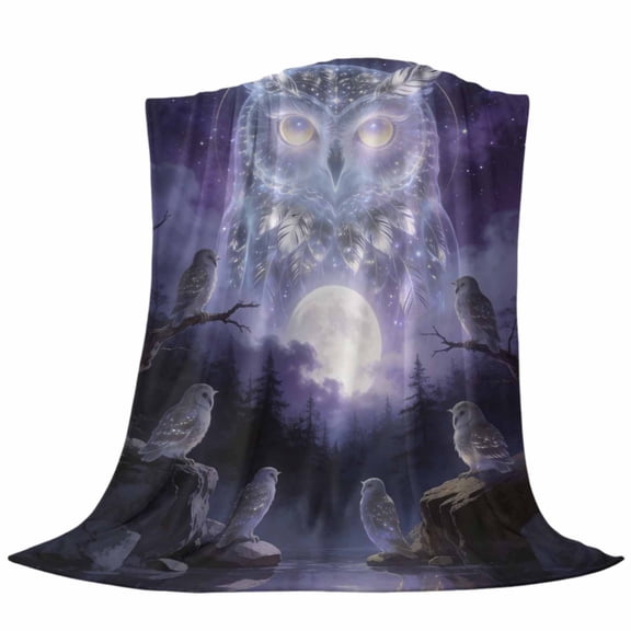 Bohemian Fleece Throw Blanket Watercolor Owl Fantasy Moon Forest Tree Natural Scenery Ultra Soft Fuzzy Cozy Flannel Throw Blanket for Couch Sofa Bed Car Travel, Ideal Gifts 40x50 Inches