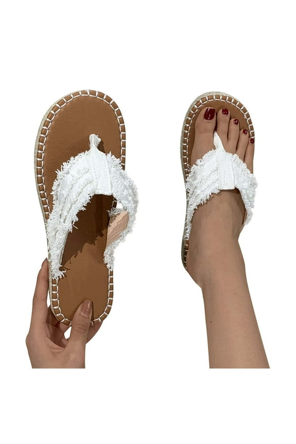 Bohemian Flip Flops for Women Summer Beach Flat Straw Sandals Comfort Slip-Ons Slippers Shoes