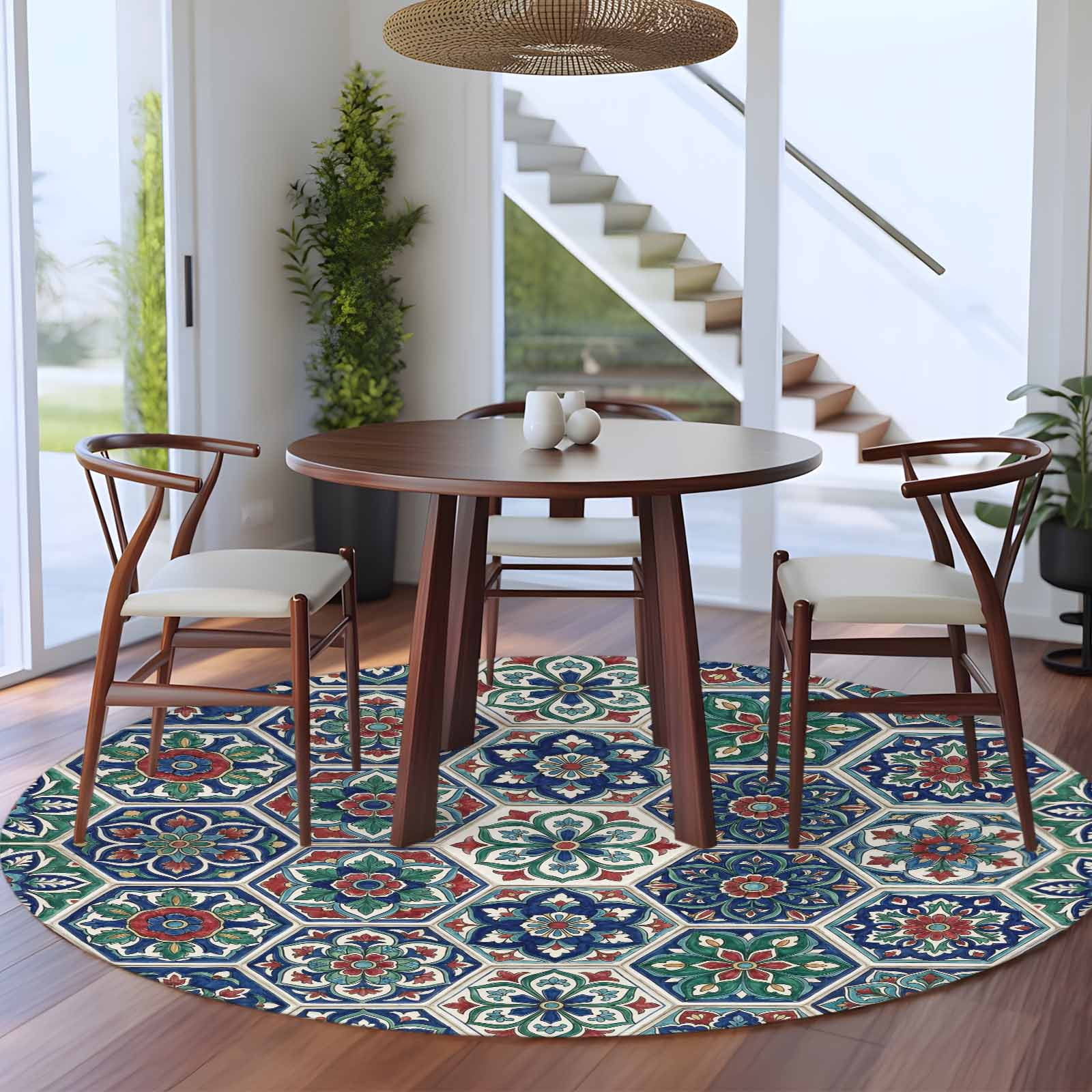 Bohemian Floral 5ft Round Rug for Dining Table for 4 People Under Table ...