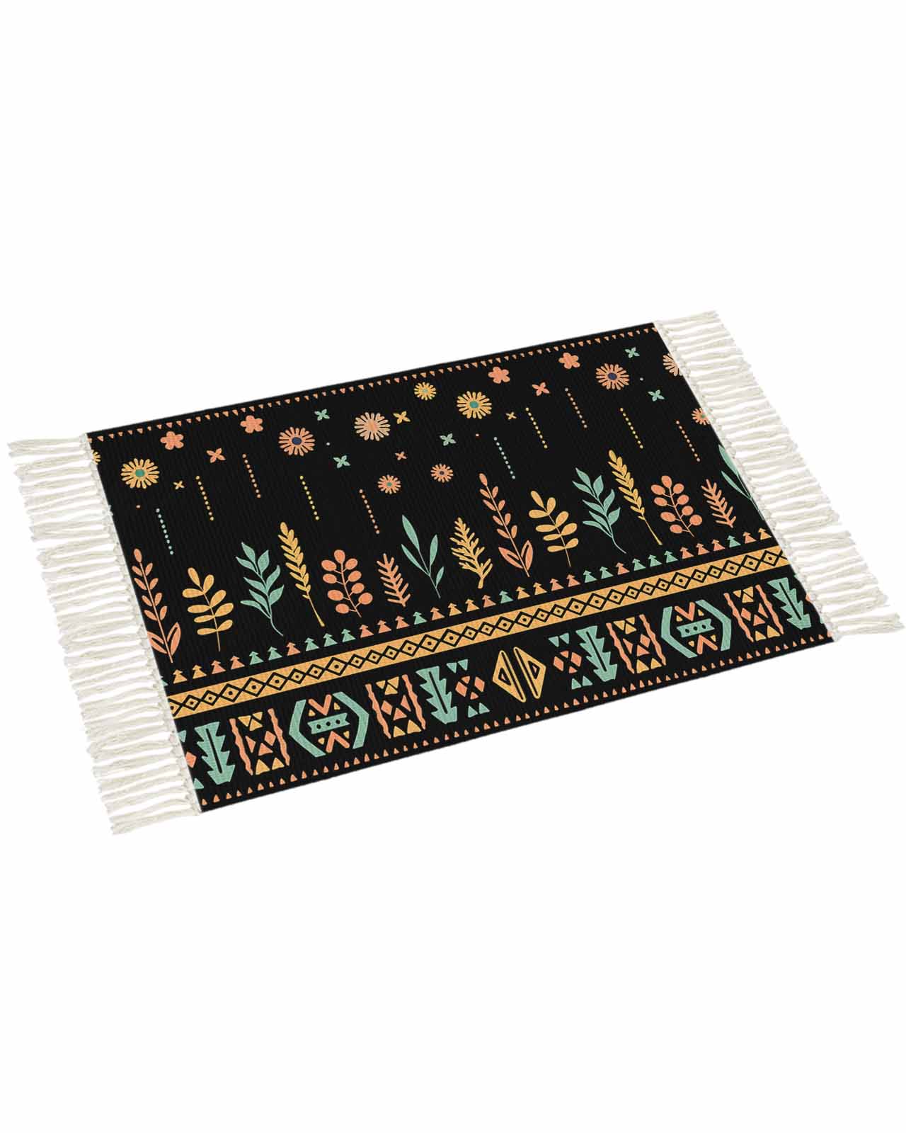 Front View Boho Rug Bohemian Floral Bathroom Rug 2'x3',Woven Cotton Area Rug with Tassels ...