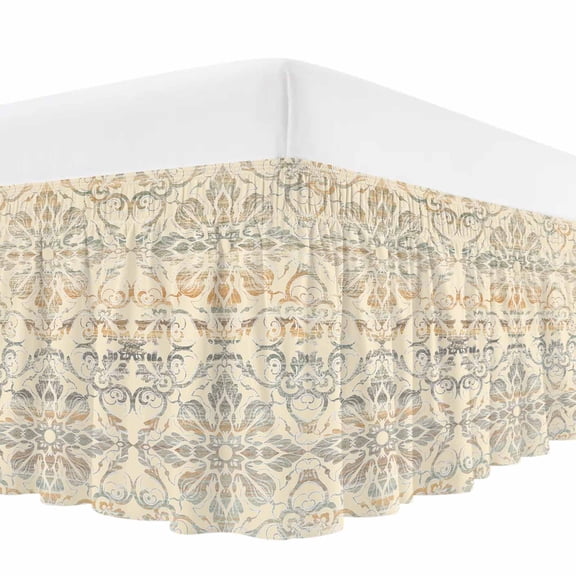 Bohemian Floral Bed Skirt King Size, Vintage Gradient European Line Wrap Around Bed Skirting with Adjustable Elastic Strap, Dust Ruffle Pleated Bedskirts 16 Inch Drop for Bedroom King Beds