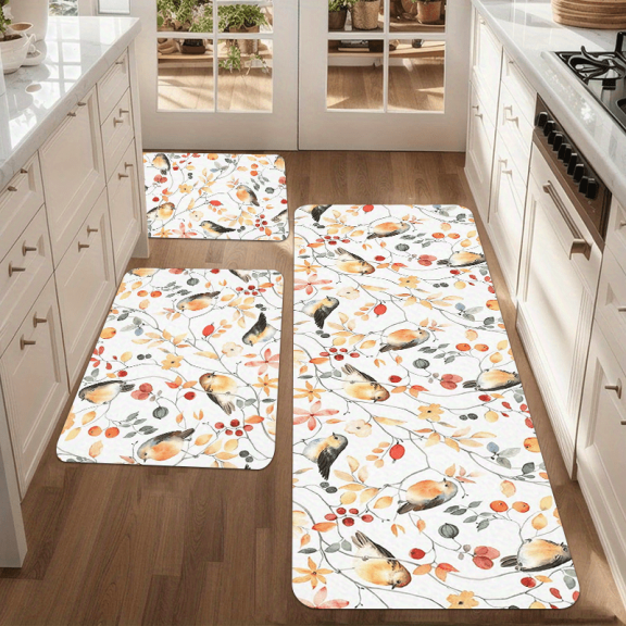 Bohemian Floral Bird Kitchen Rug Set, Flannel Non-Slip Runner for Sink, Laundry, Bathroom, Entryway & Office Decor