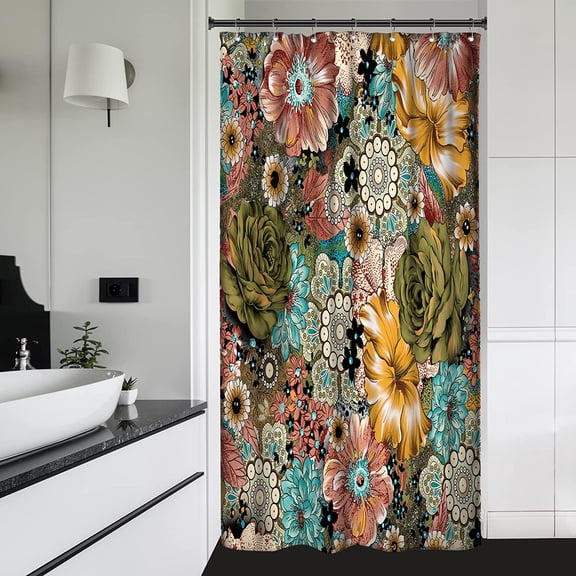 Bohemian Floral Boho Botanical Retro Funky Bright Shower Curtain Aesthetic Decor for Bathroom 72x72 Inch Flower Paisley Unique Trendy Woman Beautiful Colorful Chic Modern 70s Country BB-SRJB