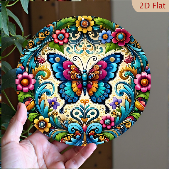 Bohemian Floral Butterfly Mandala Art Decor, 8" Round Aluminum Wall Art Sign, Metal Signs, Wall Decor For Kitchen, Door, Office, Bedroom Decor, Best Gifts For Room, Home, Bathroom Decor, Weird Decor