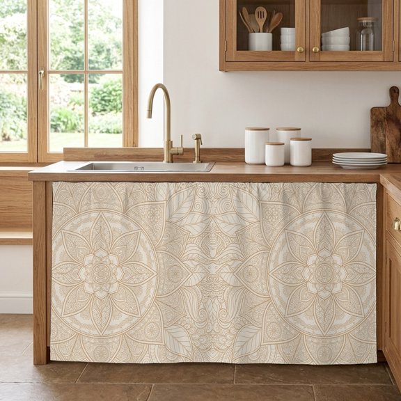 Bohemian Floral Cabinet Curtains for Kitchen 28"W x 51"L, Beige Geometric Flower Petal Boho Ethnic Line Under Sink Skirt Magic Tape Short Curtain Decorative Privacy Panel for Pantry Cabinet Opening