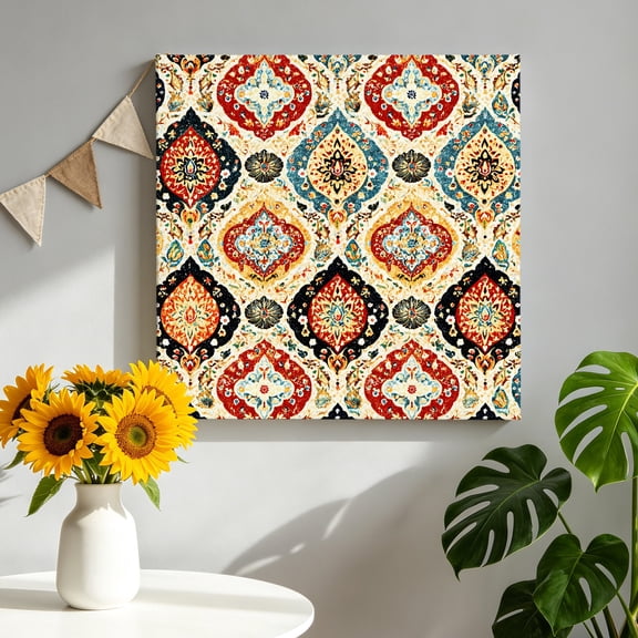 Bohemian Floral Canvas Wall Art, Abstract Moroccan Ethic Tribal Colored Floral Framed Canvas Wall Decor Picture Print Artwork Decorations for Living Room Office Ready to Hang 8" x 8"