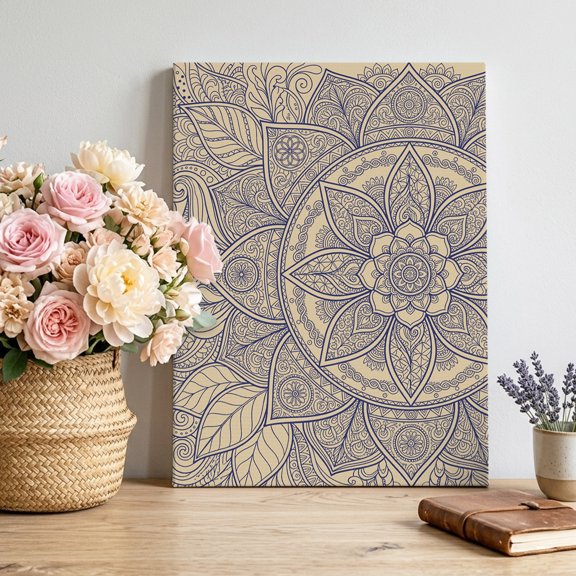 Bohemian Floral Canvas Wall Art, Blue Beige Geometric Petals Boho Ethnic Art Framed Canvas Wall Decor Picture Print Artwork Decorations for Living Room Office Ready to Hang 10" x 8"