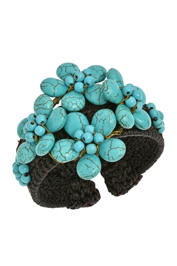 Bohemian Floral Cotton Rope Blue Turquoise Stone Wide Cuff Bangle
