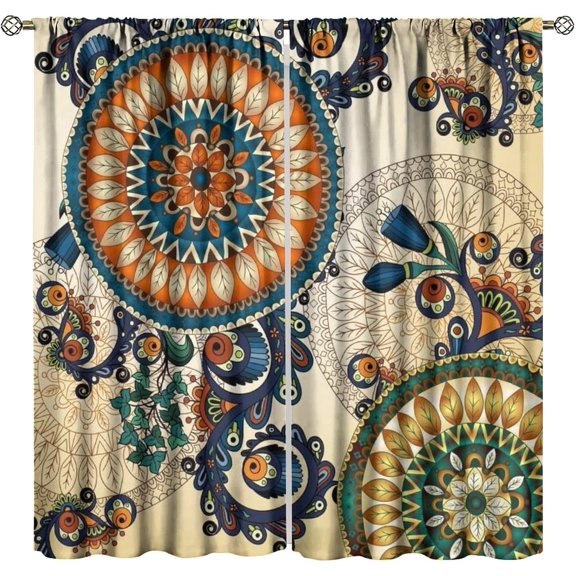 Bohemian Floral Curtains,Vintage Boho Mandala Flowers Natural Botanical Art Pattern Blackout Rod Pocket Window Drapes for Bedroom Living Room Kitchen 63x63 Inch