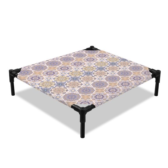 Bohemian Floral Elevated Dog Bed, Vintage Boho Tribal Abstract Pink Yellow Flower Cooling Breathable Outdoor Raised Dog Cot Bed with Metal Frame Non-Slip Feet for Small Dog 20x20in