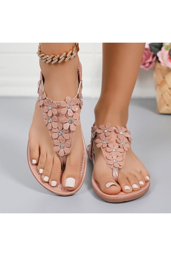 Bohemian Floral Flat Thong Sandals For Women Summer Casual Beach Garden Party Slide Shoes Pink 41