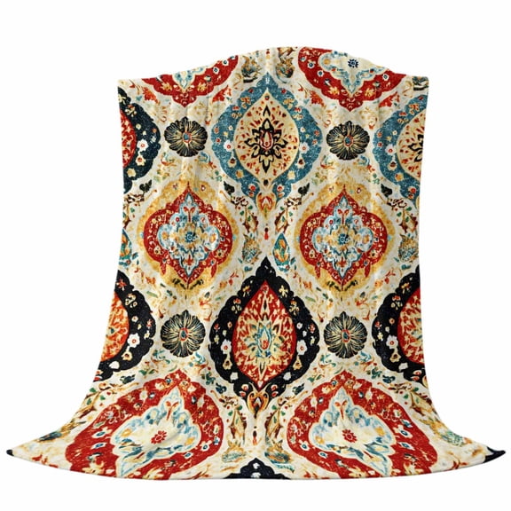 Bohemian Floral Fleece Throw Blanket Abstract Moroccan Ethic Tribal Colored Floral Ultra Soft Fuzzy Cozy Flannel Throw Blanket for Couch Sofa Bed Car Travel, Ideal Gifts 40x50 Inches