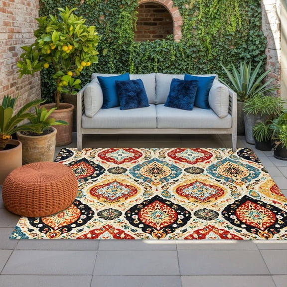 Bohemian Floral Indoor Outdoor Rugs 4x6 Ft, Abstract Moroccan Ethic Tribal Colored Floral Outdoor Patio Rugs Mat Washable Outside Area Rugs Carpet for Porch Deck RV Camping Pool Balcony Backyard