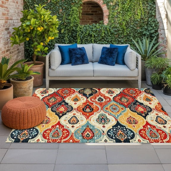 Bohemian Floral Indoor Outdoor Rugs 4x6 Ft, Moroccan Exotic Colored Floral Outdoor Patio Rugs Mat Washable Outside Area Rugs Carpet for Porch Deck RV Camping Pool Balcony Backyard