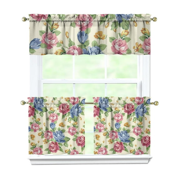 Bohemian Floral Kitchen Curtains 24" - 3 Panel Vintage Farmhouse Set with Wildflowers & Butterflies, Rod Pocket Rustic Window Treatment