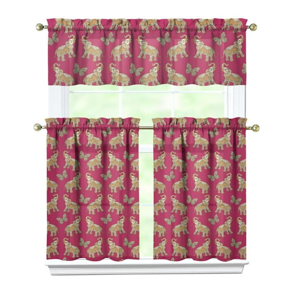 Bohemian Floral Kitchen Curtains 3-Piece Set, Elephant Ethnic Vintage Print Tier & Valance, Rod Pocket Caf Curtains for Small Windows (White Semi-Sheer)