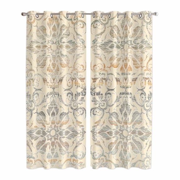 Bohemian Floral Kitchen Curtains 84 Inch Length, Vintage Gradient European Line Grommet Top Bedroom Living Room Curtains, Light Filtering Cafe Curtain Drapes 2 Panels Set 84''x84''