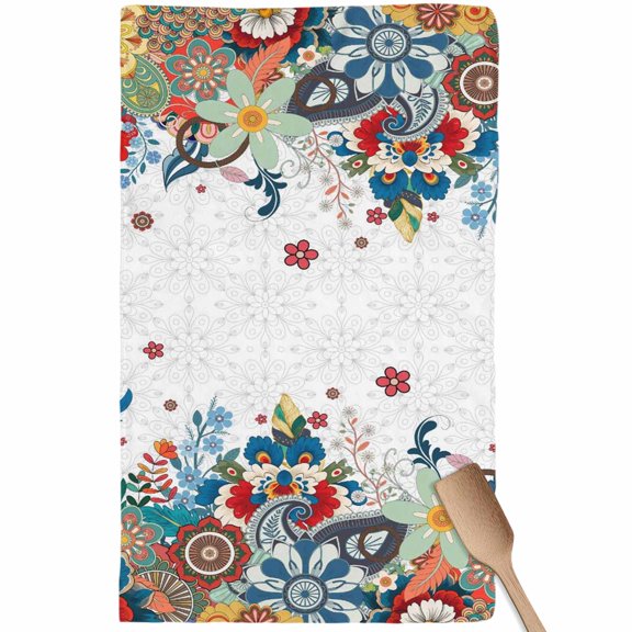 Bohemian Floral Kitchen Towel Dish Cloths Set of 1, Microfiber Soft Kitchen Hand Towels, Retro Abstract Flowers Boho Ethnic Absorbent Quick Drying Dishcloths 18 x 28 Inches