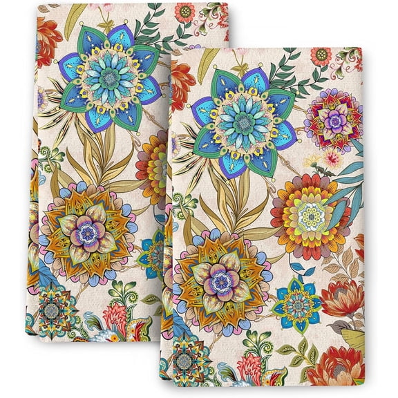 Bohemian Floral Kitchen Towel Set of 2, 16 x 24 inches, Absorbent, Boho Mandala