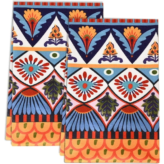 Bohemian Floral Kitchen Towels Set of 2 - Absorbent 24x16 Inch Dish Towels with Boho Mandala Design, Colorful Dish Cloths for Drying, Gift for Chef, Cook, Women, Housewarming & Hostess