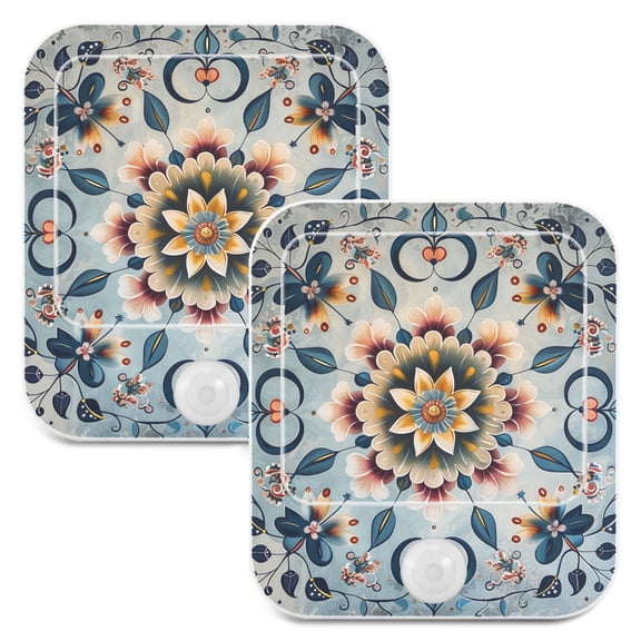 Bohemian Floral Medallion 2 Pack LED Motion Sensor Night Light Plug into Wall Auto Dusk to Dawn Adjustable Brightness for Kids Bedroom Hallway Nursery Room