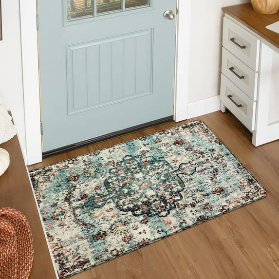 Bohemian Floral Medallion Area Rug - 2x3 Beige Small Bathroom Rug Soft Bedroom Mat, Transitional Non Slip Machine Washable Indoor Throw Floor Carpet for Kitchen Sink Doorway Foyer