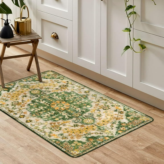 Bohemian Floral Medallion Area Rug - 2x3 Beige Small Bathroom Rug Soft Bedroom Mat, Transitional Non Slip Machine Washable Indoor Throw Floor Carpet for Kitchen Sink Doorway Foyer