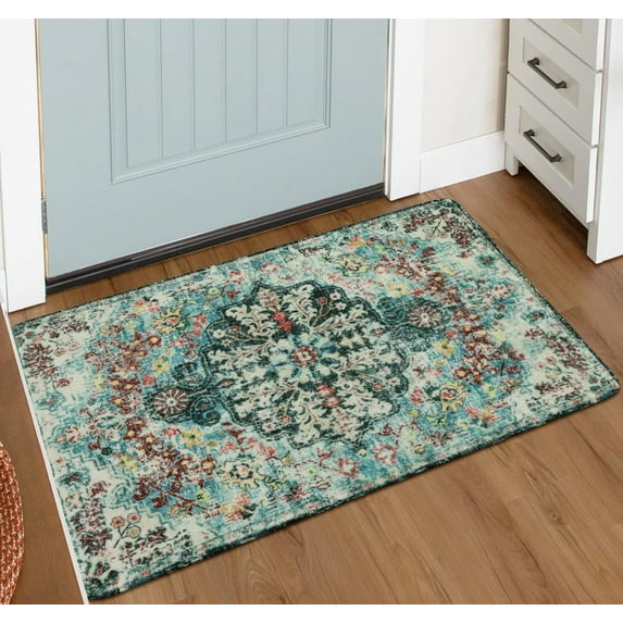 Bohemian Floral Medallion Area Rug - 2x3 Beige Small Bathroom Rug Soft Bedroom Mat, Transitional Non Slip Machine Washable Indoor Throw Floor Carpet for Kitchen Sink Doorway Foyer