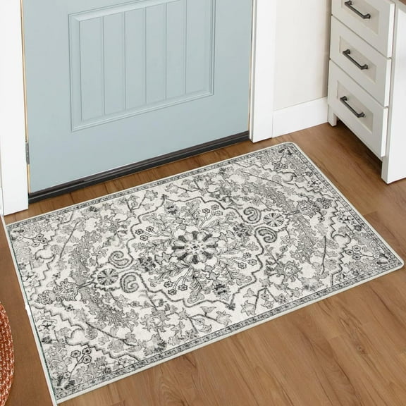 Bohemian Floral Medallion Area Rug - 2x3 Beige Small Bathroom Rug Soft Bedroom Mat, Transitional Non Slip Machine Washable Indoor Throw Floor Carpet for Kitchen Sink Doorway Foyer