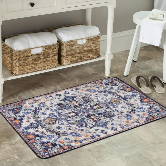 Bohemian Floral Medallion Area Rug - 2x3 Blue Small Kitchen Rug Machine Washable Front Door Rug, Soft Non Slip Indoor Floor Throw Carept for Bedroom Bathroom Mud Room Entry Way